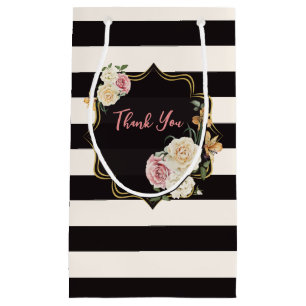 Black, Ivory, Gold Floral, Striped  Small Gift Bag