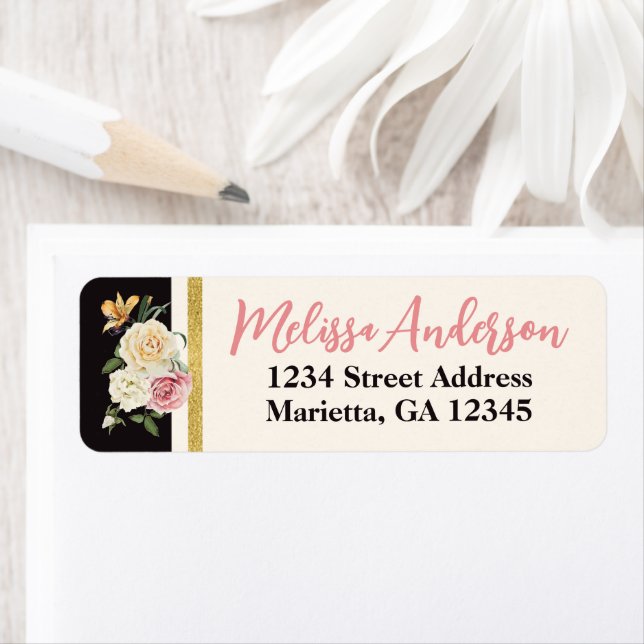 Black, Ivory, Gold Florals Return Address Label (Insitu)