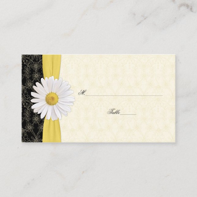 Black Ivory Gold White Daisy Wedding Place Cards (Front)