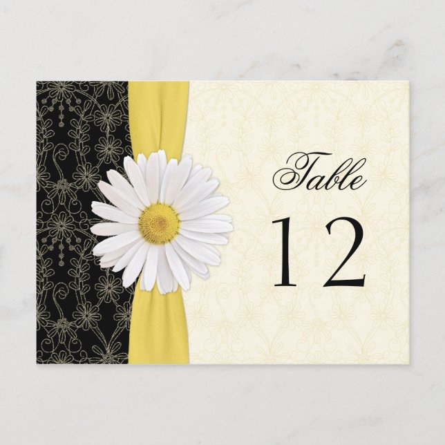 Black, Ivory, Gold, White Daisy Wedding Table Card (Front)