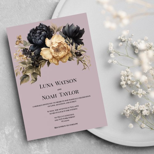 Black ivory mauve pink peony floral Wedding Invitation