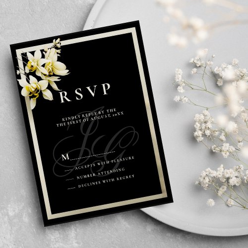Black ivory monogram initials orchid RSVP Invitation