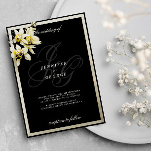 Black ivory monogram initials orchid wedding invitation