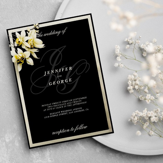 Black ivory monogram initials orchid wedding invitation (Black ivory monogram initials orchid wedding )