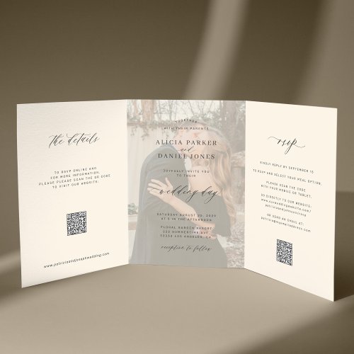 Black ivory photo wedding RSVP details QR code  Tri_Fold Invitation