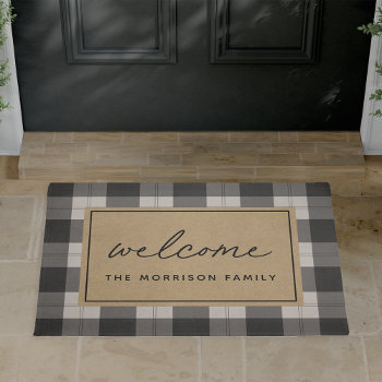 Black & Ivory Plaid Personalized Welcome Doormat by RedwoodAndVine at Zazzle