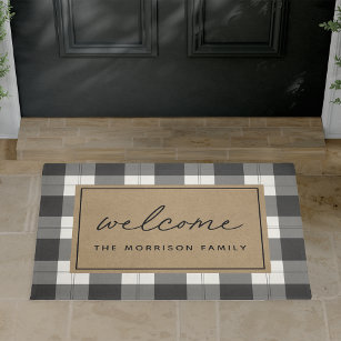 This Must Be the Place Door Mat Black White Buffalo Plaid Welcome