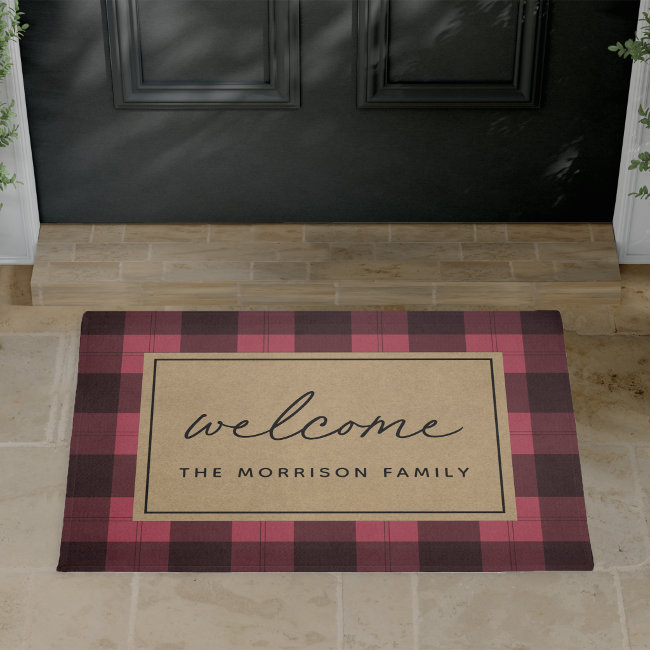 Black & Ivory Plaid Personalized Welcome Doormat