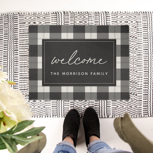 Black  Ivory Plaid Personalized Welcome Doormat