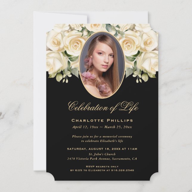 Black Ivory Rose Floral Photo Celebration of Life Invitation (Front)