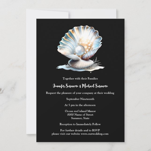 Black ivory seashell pearl oyster coastal beach  invitation (Front)