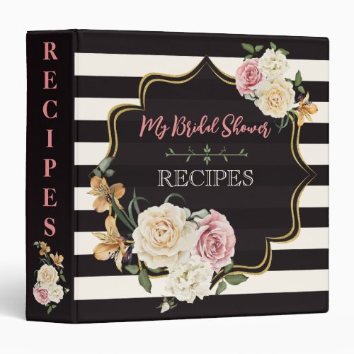 Black Ivory Stripes Floral Bridal Shower Recipes 3 Ring Binder