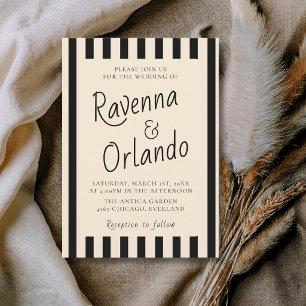 Black & Ivory Stripes Retro Minimalist Wedding Invitation