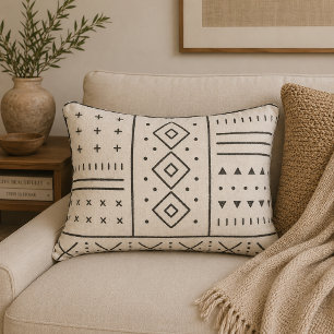 Black Ivory Tribal Geometric Pattern Modern Boho Accent Pillow