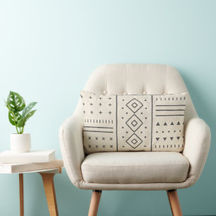 Black Ivory Tribal Geometric Pattern Modern Boho Lumbar Pillow