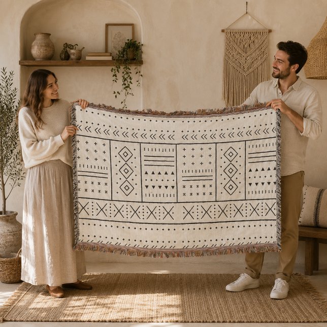Black Ivory Tribal Geometric Pattern | Modern Boho Throw Blanket (Creator Uploaded)