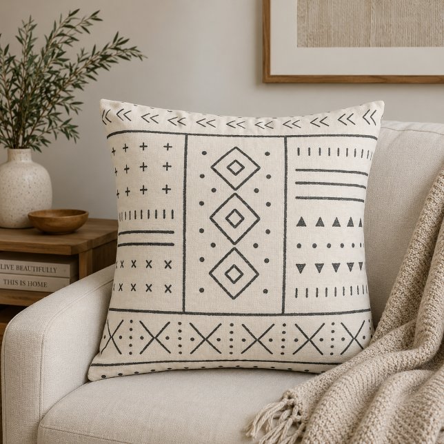 Black Ivory Tribal Geometric Pattern | Modern Boho Throw Pillow (Creator Uploaded)