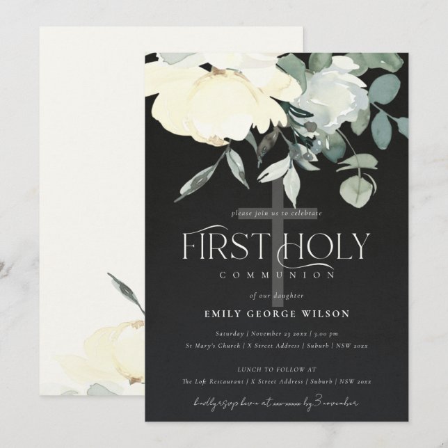 BLACK IVORY WHITE AQUA FLORAL FIRST HOLY COMMUNION INVITATION (Front/Back)