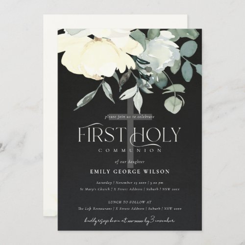 BLACK IVORY WHITE AQUA FLORAL FIRST HOLY COMMUNION INVITATION