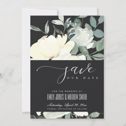 BLACK IVORY WHITE AQUA FLORAL WATERCOLOR BUNCH SAVE THE DATE