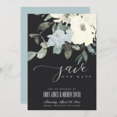 BLACK IVORY WHITE AQUA FLORAL WATERCOLOR BUNCH SAVE THE DATE (Front/Back)