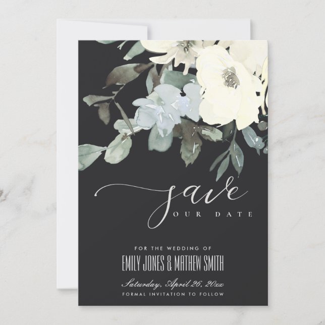 BLACK IVORY WHITE AQUA FLORAL WATERCOLOR BUNCH SAVE THE DATE (Front)