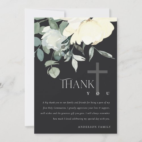 BLACK IVORY WHITE FLORA BUNCH FIRST HOLY COMMUNION THANK YOU CARD