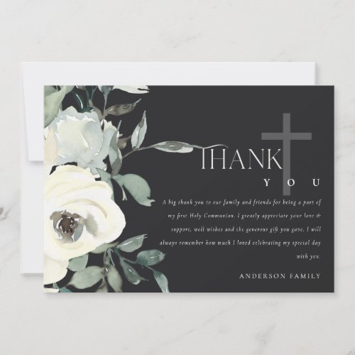 BLACK IVORY WHITE FLORA BUNCH FIRST HOLY COMMUNION THANK YOU CARD