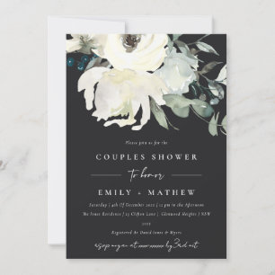 BLACK IVORY WHITE FLORA WATERCOLOR COUPLES SHOWER INVITATION