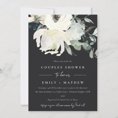 BLACK IVORY WHITE FLORA WATERCOLOR  COUPLES SHOWER INVITATION