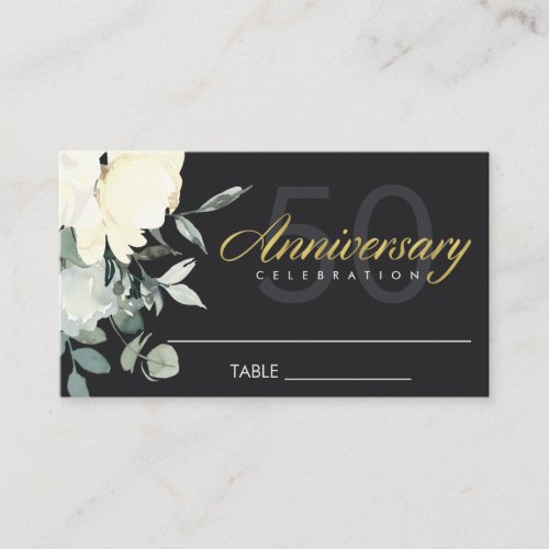 BLACK IVORY WHITE FLORAL WATERCOLOR ANNIVERSARY PLACE CARD