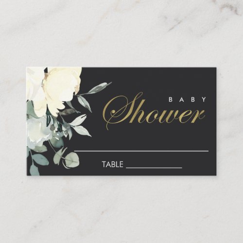 BLACK IVORY WHITE FLORAL WATERCOLOR BABY SHOWER PLACE CARD