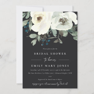 BLACK IVORY WHITE FLORAL WATERCOLOR BRIDAL SHOWER INVITATION