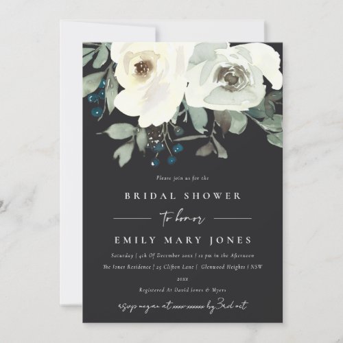 BLACK IVORY WHITE FLORAL WATERCOLOR  BRIDAL SHOWER INVITATION