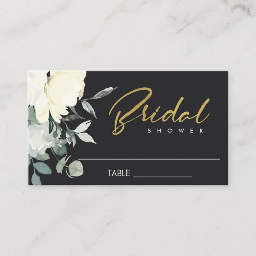 BLACK IVORY WHITE FLORAL WATERCOLOR BRIDAL SHOWER PLACE CARD