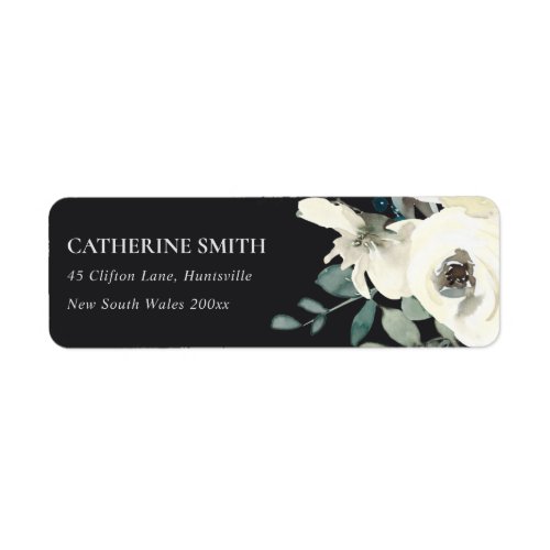 BLACK IVORY WHITE FLORAL WATERCOLOR BUNCH ADDRESS LABEL