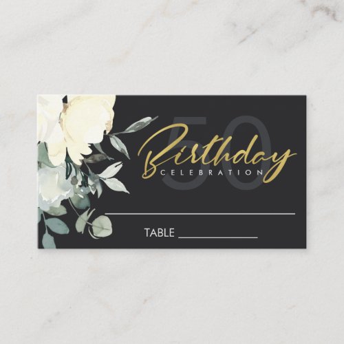 BLACK IVORY WHITE FLORAL WATERCOLOR BUNCH BIRTHDAY PLACE CARD