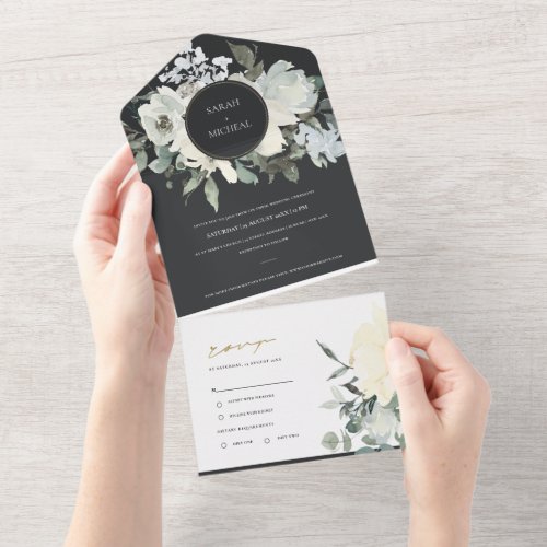 BLACK IVORY WHITE FLORAL WATERCOLOR BUNCH WEDDING ALL IN ONE INVITATION