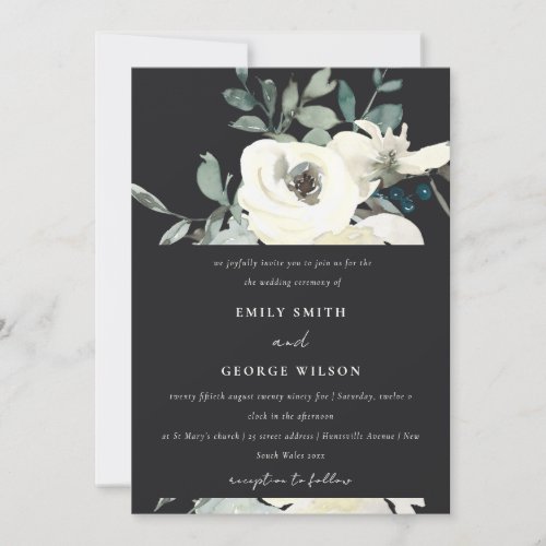 BLACK IVORY WHITE FLORAL WATERCOLOR BUNCH WEDDING INVITATION