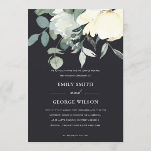 BLACK IVORY WHITE FLORAL WATERCOLOR BUNCH WEDDING INVITATION