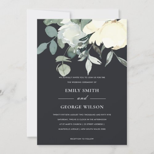 BLACK IVORY WHITE FLORAL WATERCOLOR BUNCH WEDDING INVITATION