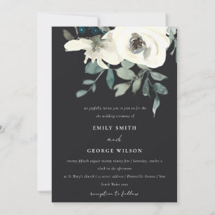BLACK IVORY WHITE FLORAL WATERCOLOR BUNCH WEDDING INVITATION