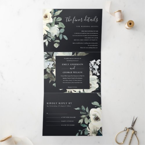 BLACK IVORY WHITE FLORAL WATERCOLOR BUNCH WEDDING Tri_Fold INVITATION