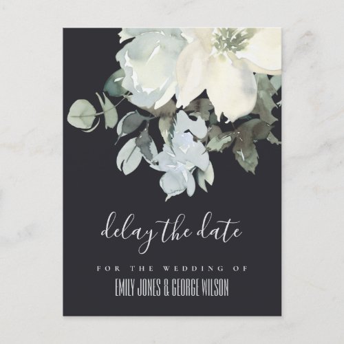 BLACK IVORY WHITE FLORAL WEDDING DELAY THE DATE ANNOUNCEMENT POSTCARD