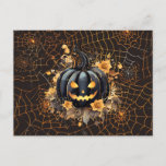 Black Jack-O&#39; Lantern Orange Spiderwebs Halloween Holiday Postcard