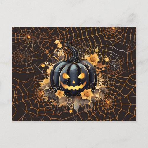 Black Jack_O Lantern Orange Spiderwebs Halloween Holiday Postcard