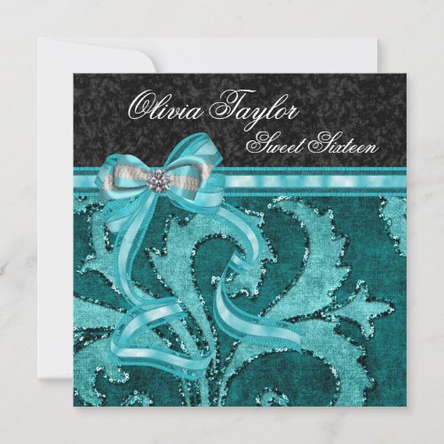 Black Jade Green Glitter Sweet Sixteen Birthday Invitation