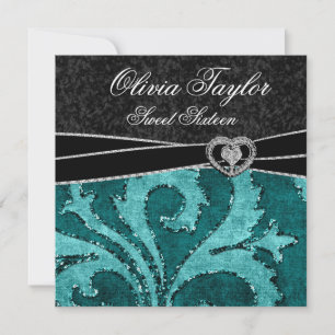 Black Jade Green Glitter Sweet Sixteen Birthday Invitation