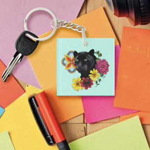 Black Jaguar Portrait Flowers Business Logo Keychain