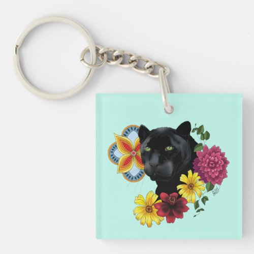 Black Jaguar Portrait Flowers QR code Keychain
